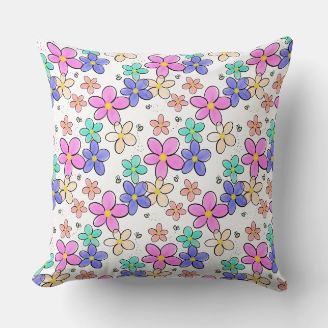 colourful rainbow bright flowers bumble bees flora throw pillow (Front)