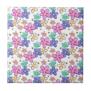 colourful rainbow bright flowers bumble bees flora tile
