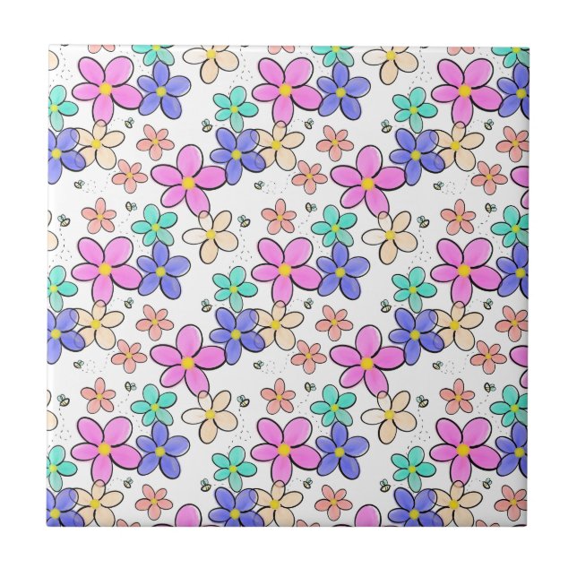 colourful rainbow bright flowers bumble bees flora tile (Front)