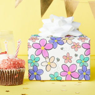 colourful rainbow bright flowers bumble bees flora wrapping paper