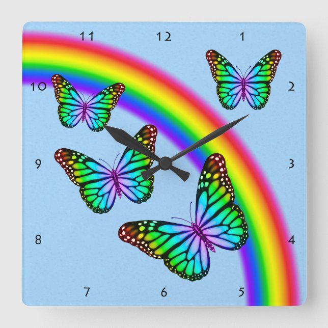 Colourful Rainbow Butterflies Square Wall Clock (Front)