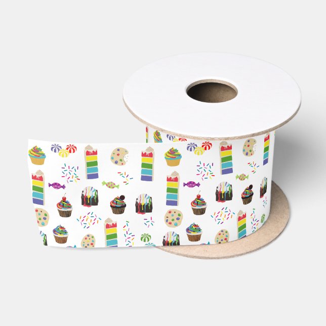 Colourful Rainbow Cake Desserts & Sprinkles Patter Satin Ribbon (Spool)