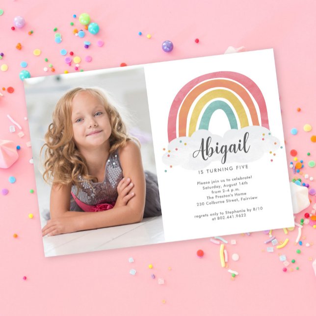 Colourful Rainbow Calligraphy Photo Kids Birthday  Invitation (Creator Uploaded)