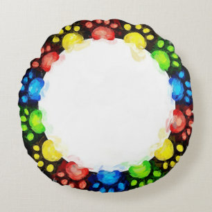 Colourful Rainbow Cat Paws Round Pillow