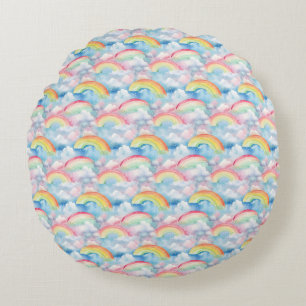 Colourful Rainbow, Cloud, and Snowflake Seamless Round Pillow