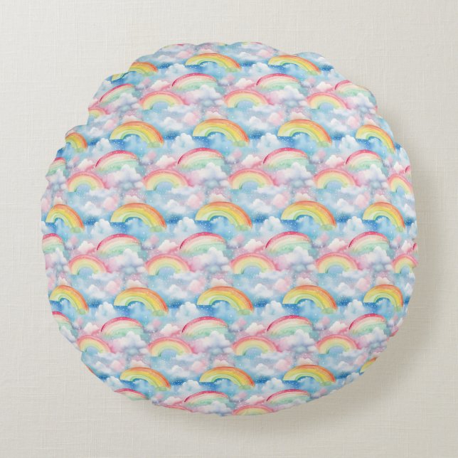 Colourful Rainbow, Cloud, and Snowflake Seamless Round Pillow (Front)