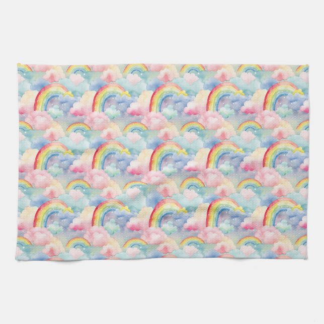 Colourful Rainbow, Cloud, and Star Kitchen Towel (Horizontal)