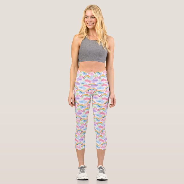 Colourful Rainbow, Cloud, and Star Pattern Capri Leggings (Front)