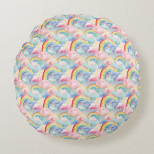 Colourful Rainbow, Cloud, and Star Round Pillow