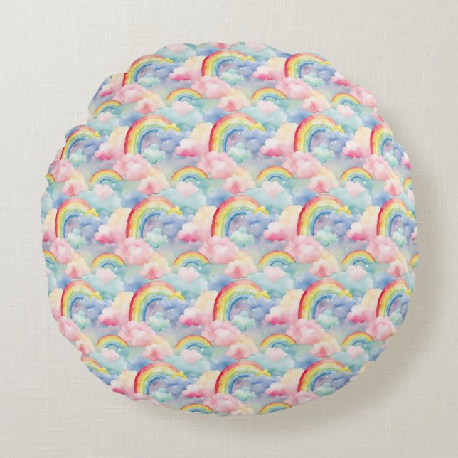Colourful Rainbow, Cloud, and Star Round Pillow (Front)