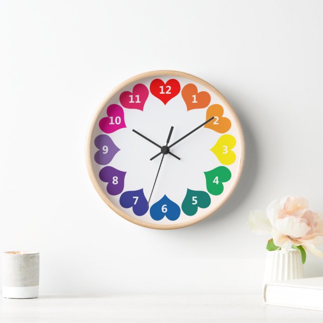 Colourful Rainbow Colour Hearts on White Clock (Home)