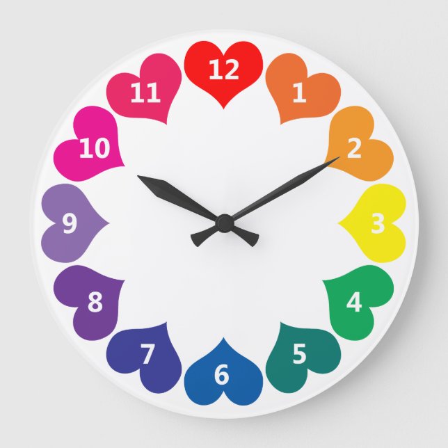 Colourful Rainbow Colour Hearts on White Large Clock (Front)