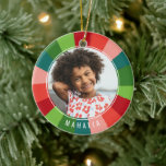 Colourful Rainbow Colour Wheel Kids Photo Christma Ceramic Ornament<br><div class="desc">This fun photo Christmas ornament is sure to brighten up your tree this year! It features a colourful, hand painted colour wheel in retro colours of red, orange red, blush pink, teal, crisp green, and lime green. It's easy to personalize and contains a photo template on both the front and...</div>