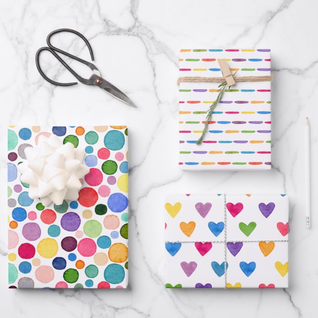Colourful Rainbow Confetti Dots Stripe Love Heart  Wrapping Paper Sheet (Front)