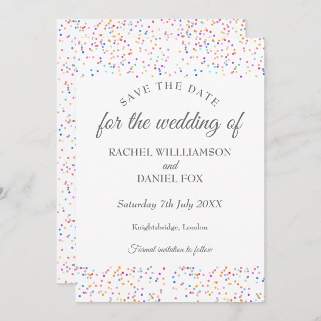 Colourful Rainbow Confetti Save the Date Card (Front/Back)