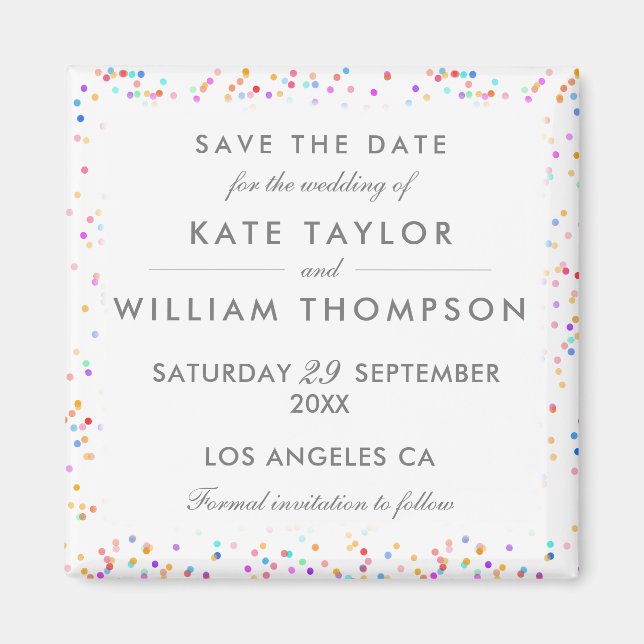 Colourful Rainbow Confetti Save The Date Magnet (Front)
