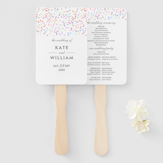 Colourful Rainbow Confetti Wedding Program Hand Fan (Front and Back)