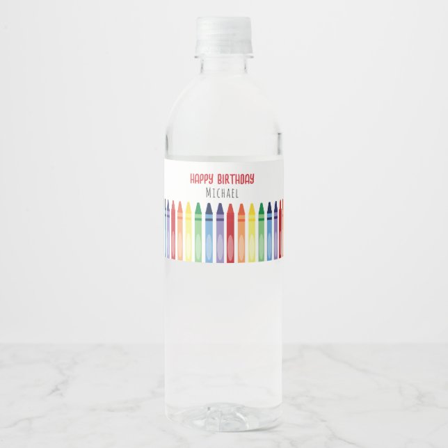 Colourful Rainbow Crayons Birthday Party Water Bottle Label (Front)