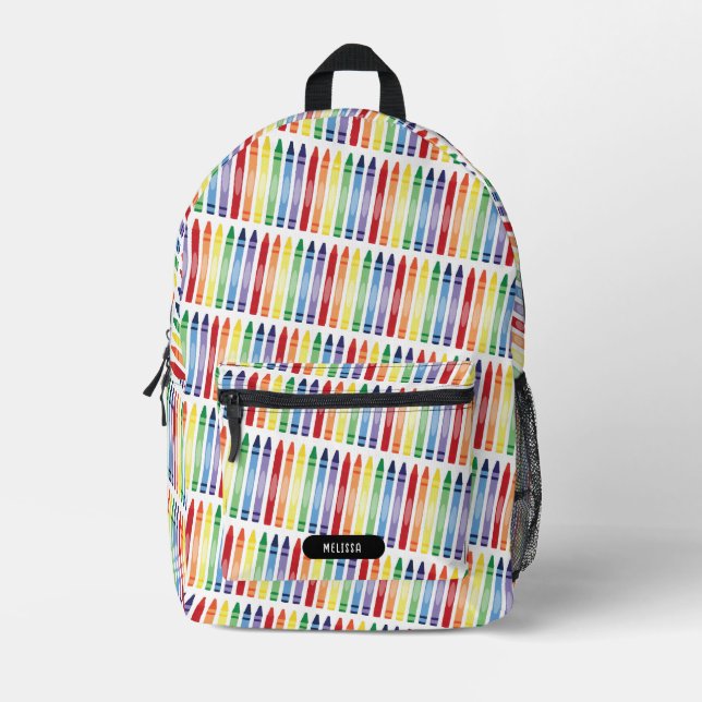 Colourful Rainbow Crayons Custom Name School Printed Backpack (Front)