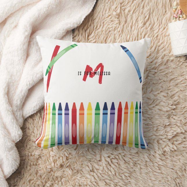 Colourful Rainbow Crayons Cute Monogram Throw Pillow (Blanket)