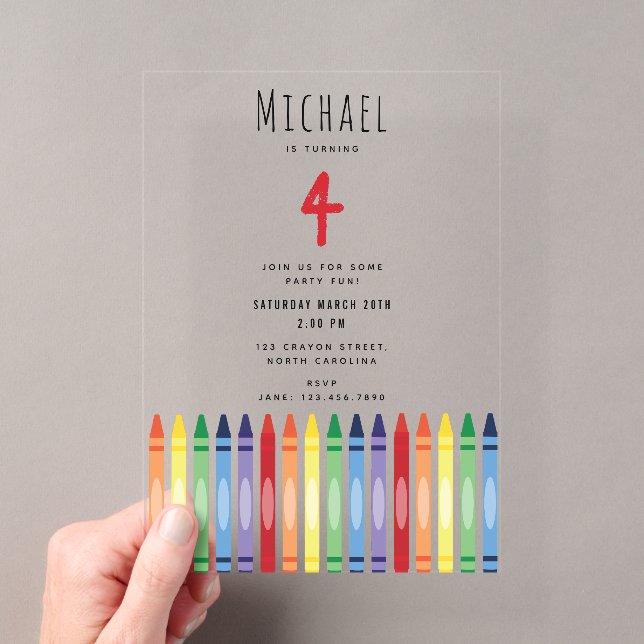 Colourful Rainbow Crayons Kids Birthday Party Acrylic Invitations (Insitu (Handheld))