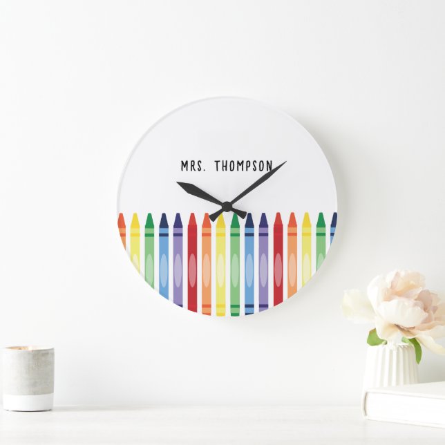 Colourful Rainbow Crayons Teacher Appreciation Large Clock (Home)