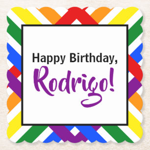 Colourful Rainbow Criss-Cross Stripes Birthday Paper Coaster