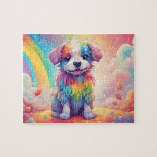 Colourful Rainbow Cute Little Watercolor Dog Jigsaw Puzzle