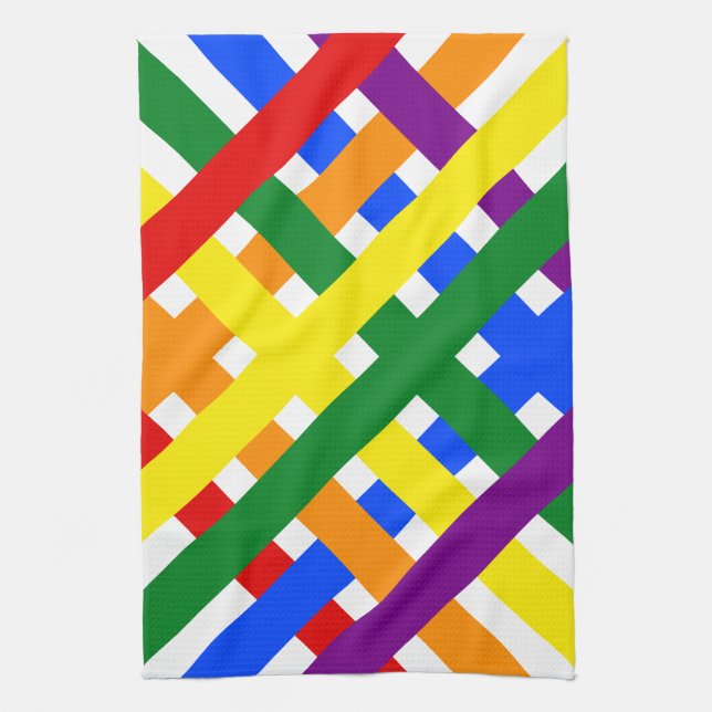 Colourful Rainbow Diagonal Criss-Cross Stripes Kitchen Towel (Vertical)
