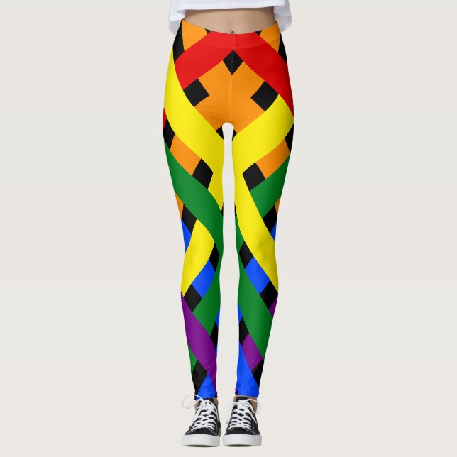 Colourful Rainbow Diagonal Criss-Cross Stripes Leggings (Front)