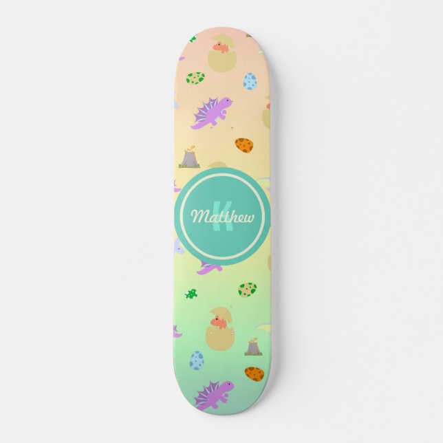 Colourful Rainbow Dinosaur Egg Kids Boys Monogram Skateboard (Front)