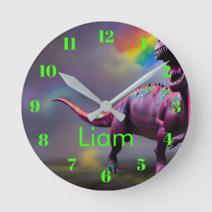 Colourful Rainbow Dinosaur Neon Personalized Round Clock