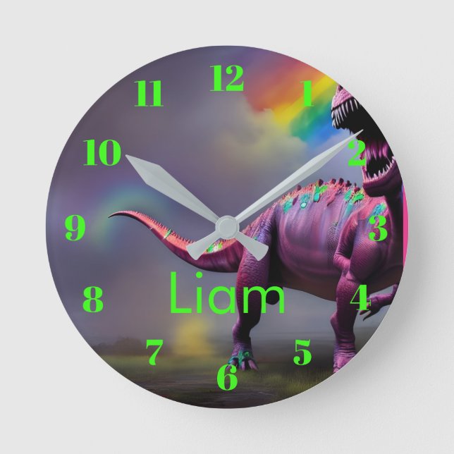 Colourful Rainbow Dinosaur Neon Personalized  Round Clock (Front)