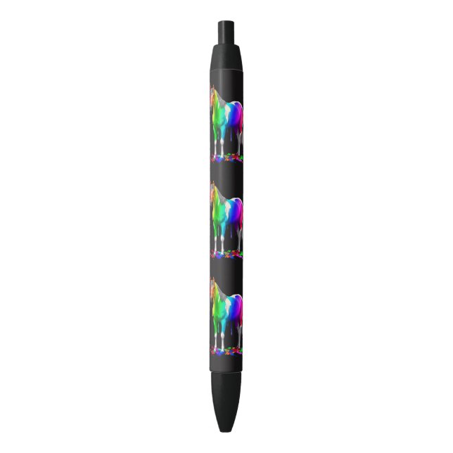 Colourful Rainbow Dripping Wet Paint Horse Black Ink Pen (Front Vertical)