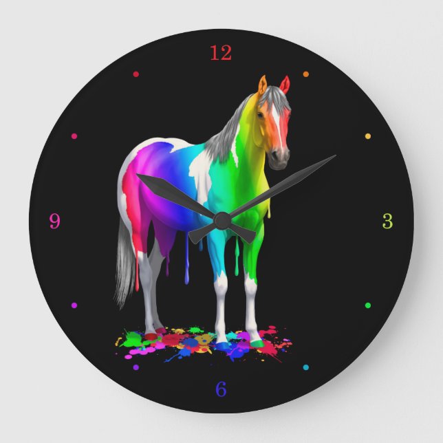 Colourful Rainbow Dripping Wet Paint Horse Large Clock (Front)