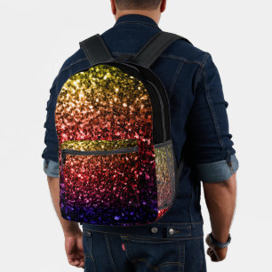 Colourful rainbow faux glitter sparkles and black printed backpack