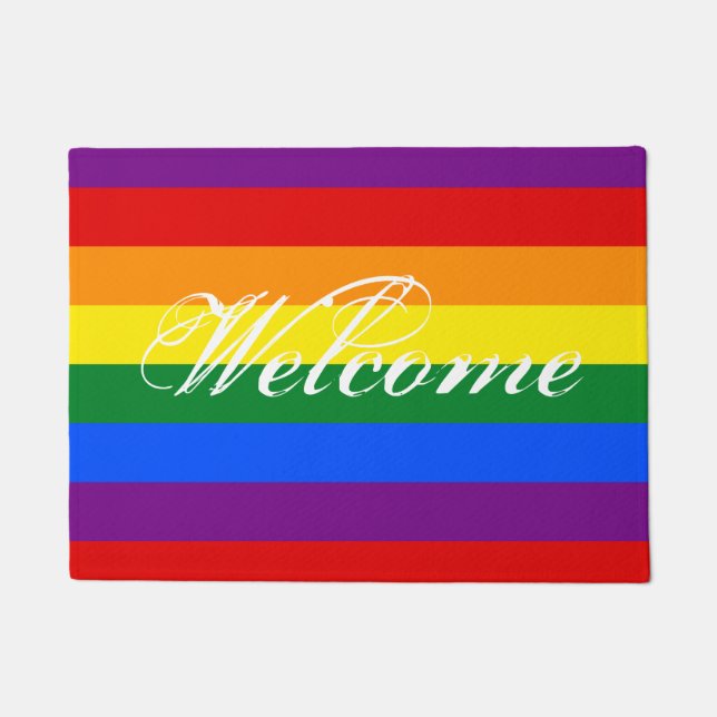 Colourful rainbow flag door mat with welcome text (Front)