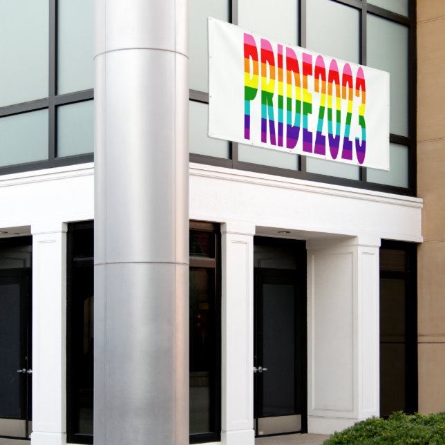 Colourful Rainbow Flag Text Gay Pride 2023 Banner (Outside Building)