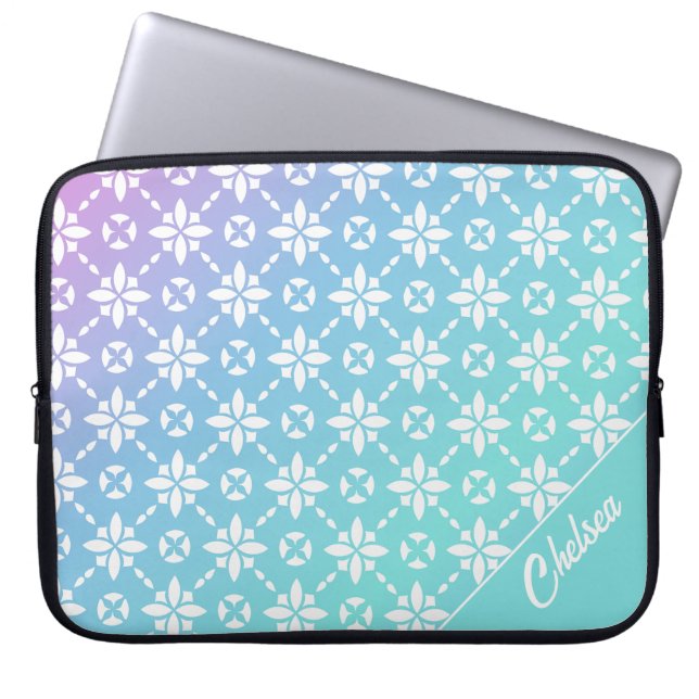 Colourful Rainbow Flower Pattern Personalized Name Laptop Sleeve (Front)