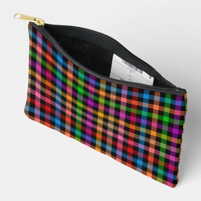 Colourful Rainbow Gingham Plaid Design - Black  Accessory Pouch (Open)