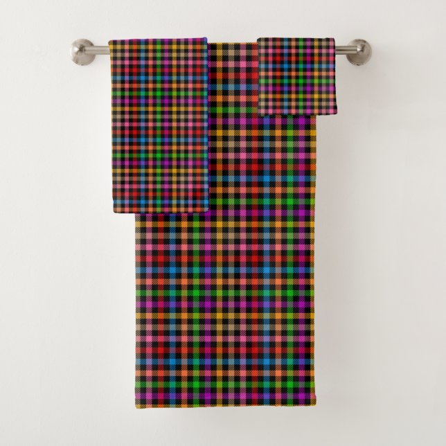Colourful Rainbow Gingham Plaid Design - Black  Bath Towel Set (Insitu)