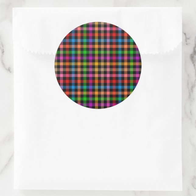 Colourful Rainbow Gingham Plaid Design - Black  Classic Round Sticker (Bag)