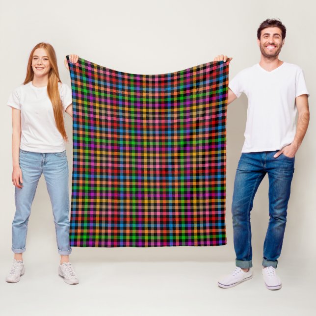 Colourful Rainbow Gingham Plaid Design - Black  Fleece Blanket (In Situ)