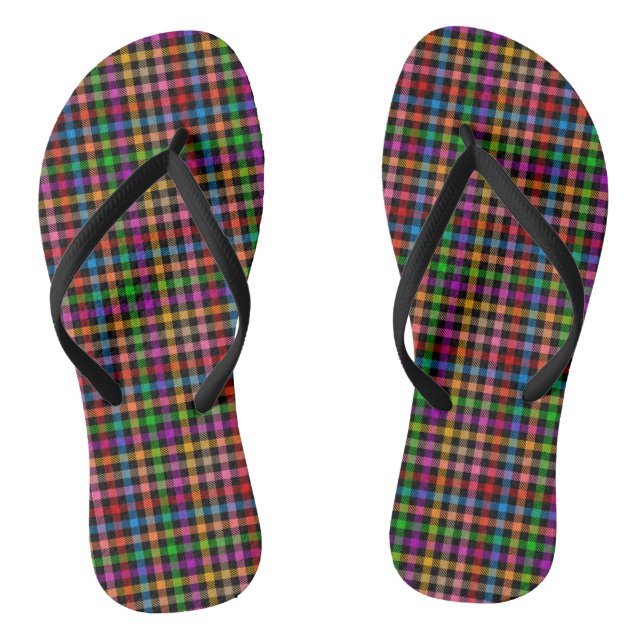 Colourful Rainbow Gingham Plaid Design - Black  Flip Flops (Footbed)