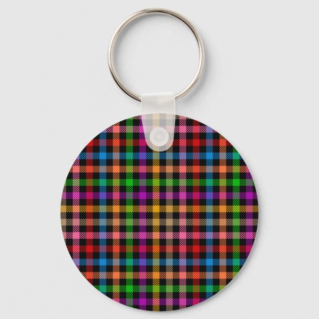 Colourful Rainbow Gingham Plaid Design - Black  Keychain (Front)