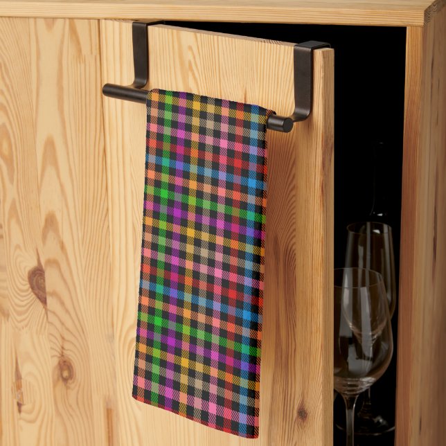 Colourful Rainbow Gingham Plaid Design - Black  Kitchen Towel (Thirds Fold)