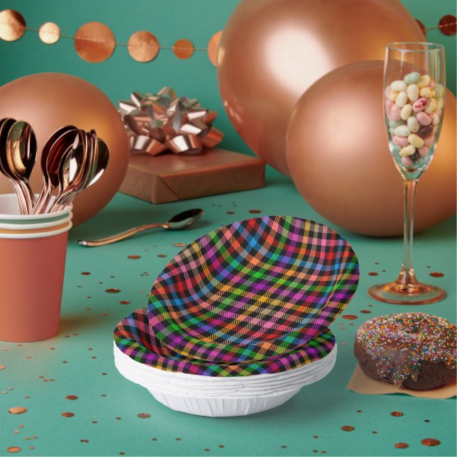Colourful Rainbow Gingham Plaid Design - Black  Paper Plate (Multi)
