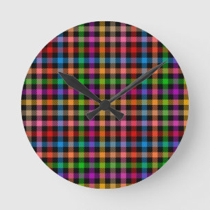Colourful Rainbow Gingham Plaid Design - Black  Round Clock