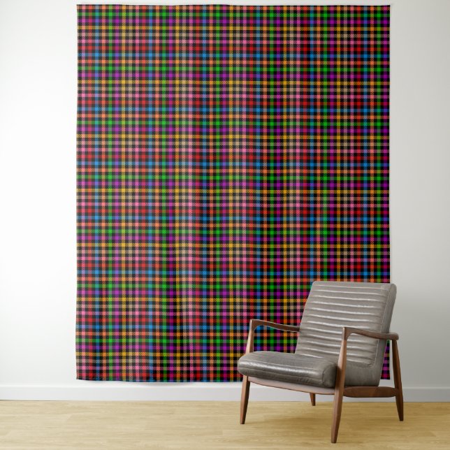 Colourful Rainbow Gingham Plaid Design - Black  Tapestry (In Situ)