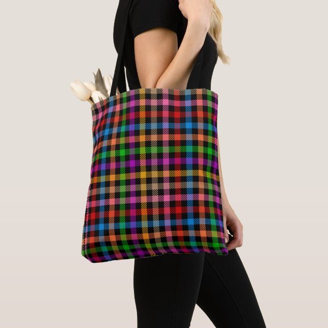 Colourful Rainbow Gingham Plaid Design - Black  Tote Bag (Close Up)